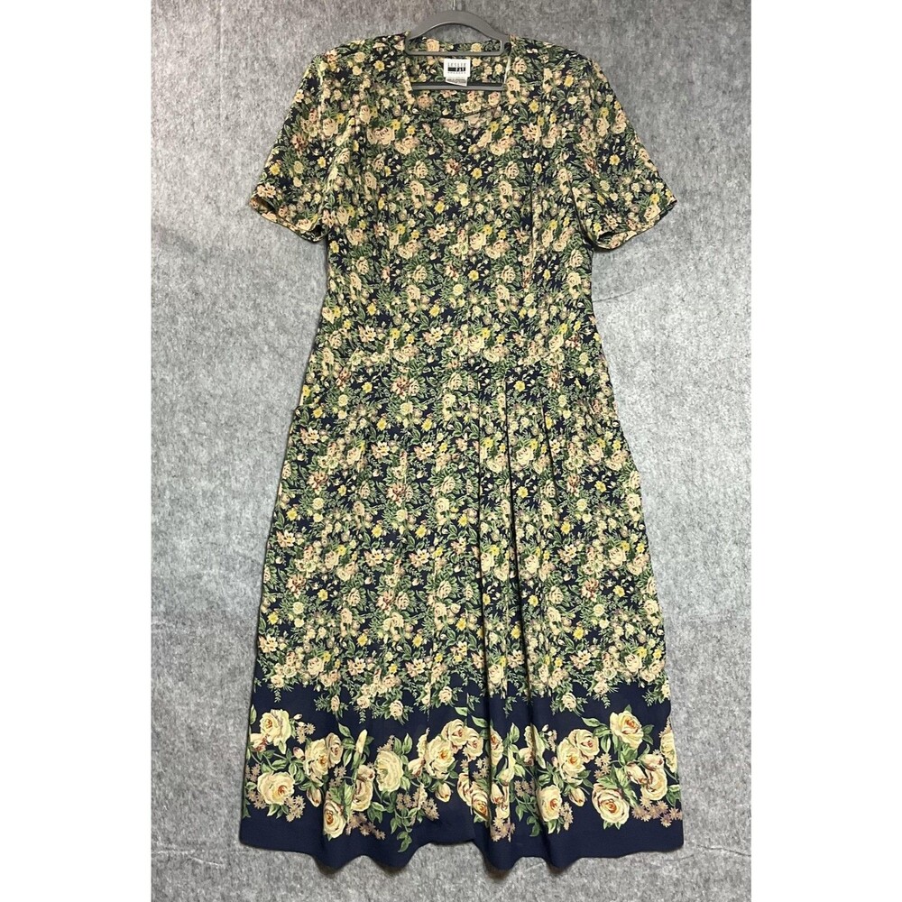 Vintage Leslie Fay Dress Womens Medium Floral Pockets Maxi Cottage Prairie